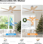 54" Ceiling Fan with Light - Low Profile Flush Mount Ceiling Fan, 6-Speed Remote Control, Solid Wood, Quiet Reversible DC Motor, Wood/White Finish, for Bedroom, Living Room, Porch
