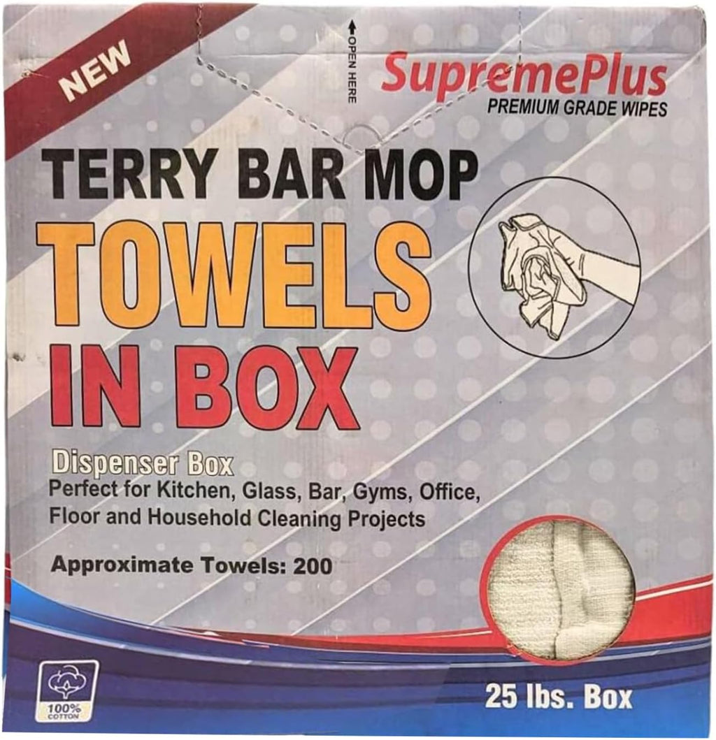 White Terry Bar Mop Towels 200 Pcs (Approx)- 100% Cotton Ultra-Absorbent Cleaning Rags, Perfect Washable Kitchen Rags for Bars, Restaurants & Home - Multipurpose (25 lbs. Compressed Box)