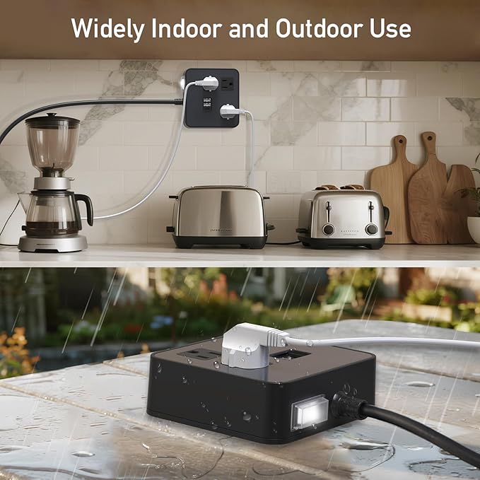 Outdoor Power Strip Weatherproof, KPQ IPX6 Waterproof Surge Protector Power Strip with 3 Outlets, 2 USB A & 1 USB C, 6Ft Heavy Duty Extension Cord for Indoor Outdoor