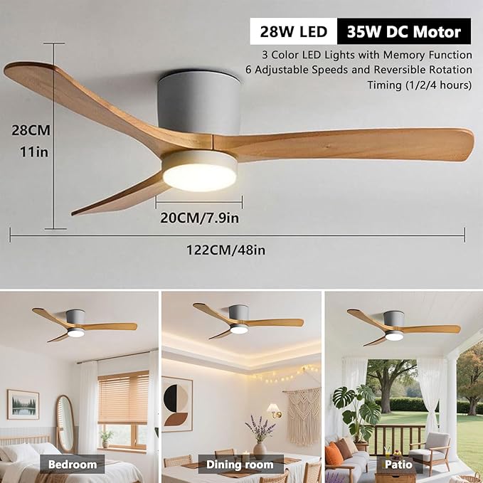 48in Quiet Ceiling Fans with Light ETL Listed Ceiling Fan Lights Living Room Bedroom ‎Remote Ceiling Lighs Fan Lighting 6 Gear Wind Speed Grey Ceiling Fan Light Wooden Fan Blades