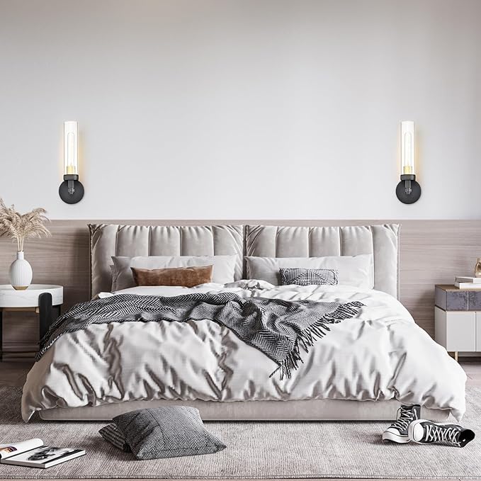 Black Wall Sconces Set of Two,Knurled Texture Modern Wall Sconce,Tube Clear Glass Matte Black Vanity Light,Industrial Bathroom Sconces Wall Lighting,Wall Lights for Bedroom,Living Room,Hallway