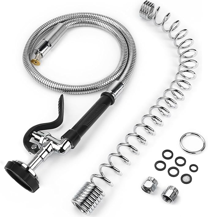 Spray Valve with 45" Flexible Stainless Steel Hose & Pre-Rinse Overhead Spring, Commercial Faucet Flexible Hose with Spray Head Replacement Kit for Commercial Restaurant Industrial Kitchen Sink Faucet