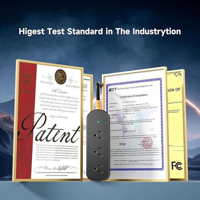 3-Outlet 10ft Extension Cord - Weatherproof Outdoor Power Strip, Mountable Small Power Strip for Home, Outdoor, Travel