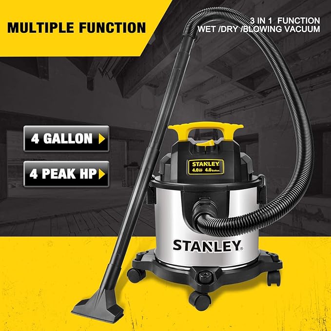 STANLEY 4 Gallon Wet Dry Vacuum, 4 Peak HP Stainless Steel 3 in 1 Shop Vacuum Blower with Powerful Suction, Vacuum for Job Site, Garage, Basement, Workshop, Top Handle, Portable Wet Dry Vac SL18301-4B