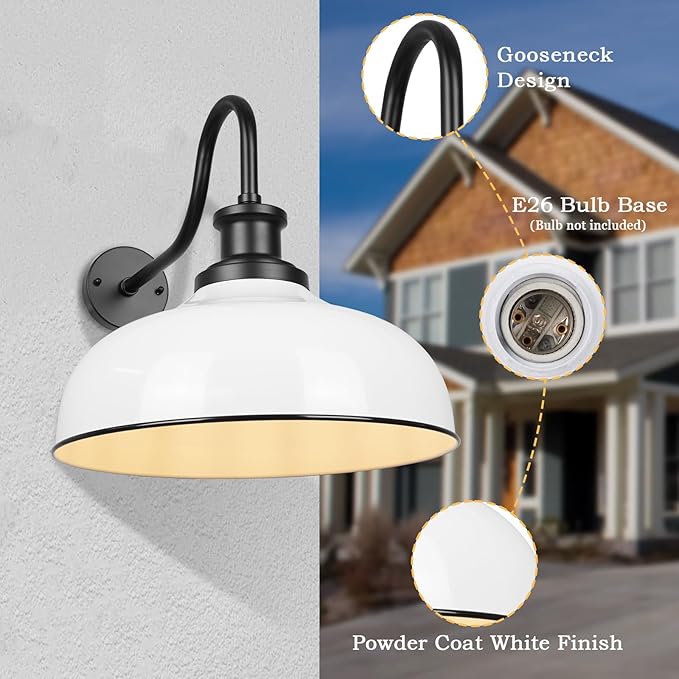 Outdoor Gooseneck Barn Light,14 Inch Dome Outdoor Wall Sconce Farmhouse Exterior Wall Mount Light Vintage Wall Lighting Fixture Industrial Wall Lantern for Porch, Entryway, Garage, RZ007M WH