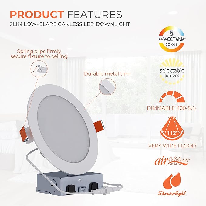 HALO HLB 6 inch LED Recessed Lighting Canless Dimmable Ceiling Light with Selectable Lumens and Selectable Color Temperature 2700K-5000K Wet Location Indoor Outdoor Soffit Downlight HLB6LSFS5