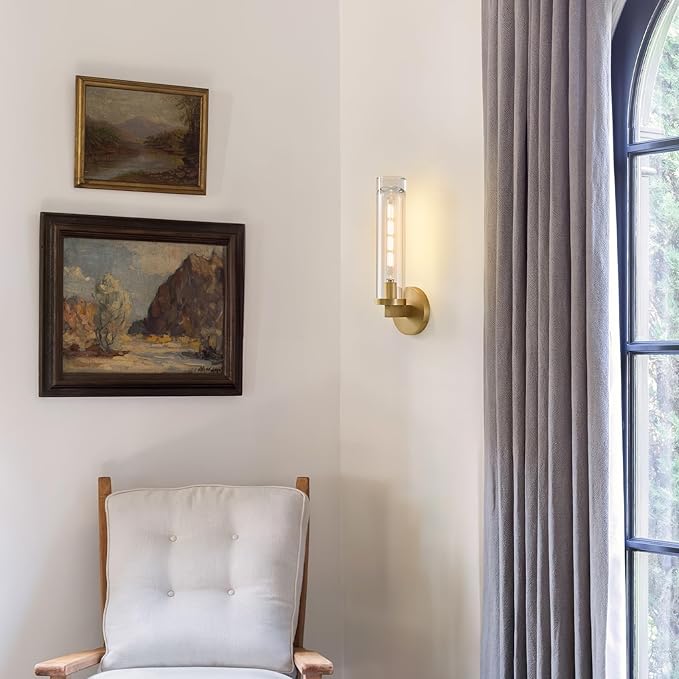 Modern Crystal Brass Gold Sconce: 14.5” Vintage Bathroom Sconce With Bulb - Clear Crystal Glass Tube Hardwired Mirror Vanity Light- Luxury Antique Indoor Brushed Gold Wall Lamp for Bedroom Living Room