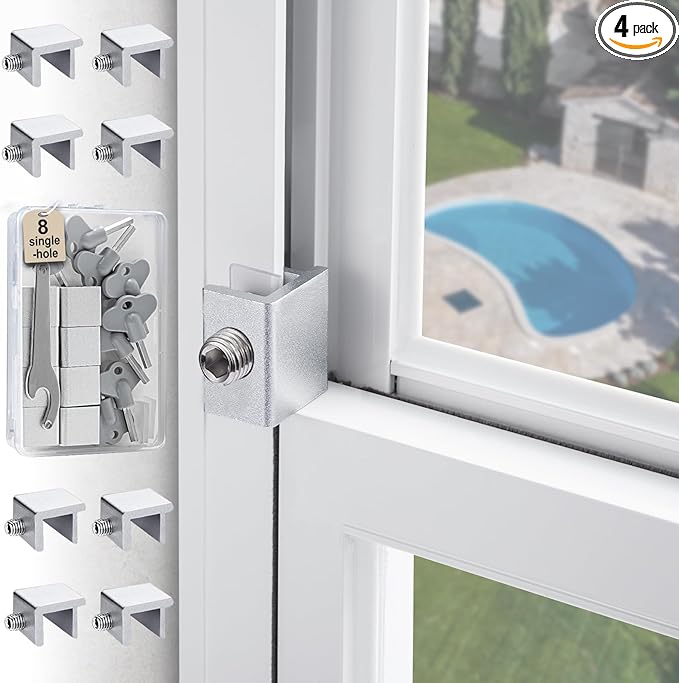 8 Sets Sliding Window Locks for Up and Down Windows,Easy to Install Vertical & Horizontal Window Security Locks,Adjustable Aluminum Window Stopper Lock