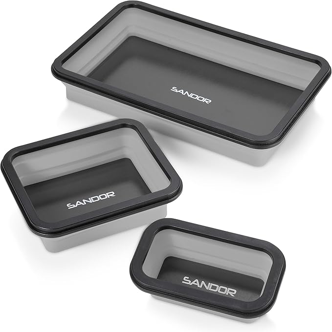 Collapsible Magnetic Parts Tray Set - 3 Different Size Tool Trays for Screw, Bolts, Nuts, Washers, Pins and Other Small Metal Parts, Mechanic Tool Gifts for Men - Light Grey