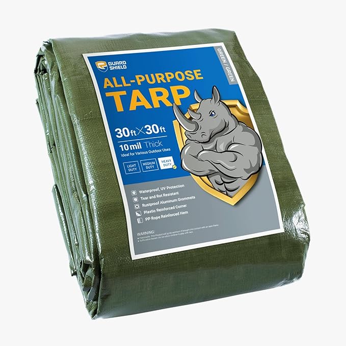 GUARD SHIELD Heavy Duty Tarp 30x30 Feet Green Multi Purpose Thick Waterproof Poly Tarp Cover 10mil