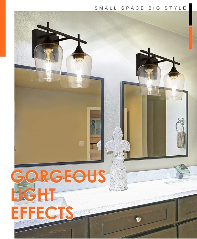 Oil Rubbed Bronze Bathroom Light Fixture, 2 Lights Bathroom Vanity Lights Over Mirror with Clear Glass, Farmhouse Bath Wall Sconce Light, WL9167-2A
