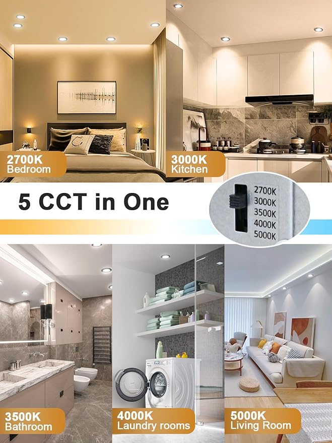 Canless Recessed Gimbal Downlight Rotatable-Spotlight 5 CCT 3 Inch Eyeball Ceilling Potlight, Dimmable Recessed Lights Fixture with Junction Box, 8W CCT Adjustable, Black Round Trim, 6 Pack