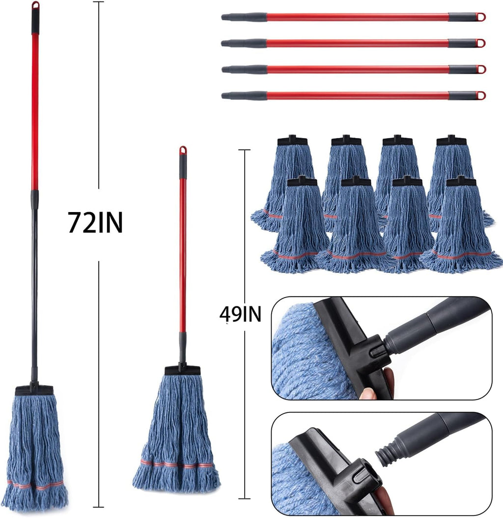 Matthew Commercial&Residential Mop Heavy Duty Industrial Mops with Screw-on Handle(Fit Standard American Screw) Looped-End String Wet Cotton Mops for Home,Office,School - 4 Set&4 Mop Replacements