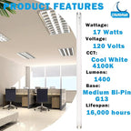 24 Inch Fluorescent Light Bulb F17T8/841 17 Watts, 2 Ft T8 17W Cool White 4100K Straight Linear Fluorescent Tube, G13 Medium Bi-Pin Base, 6 Pack