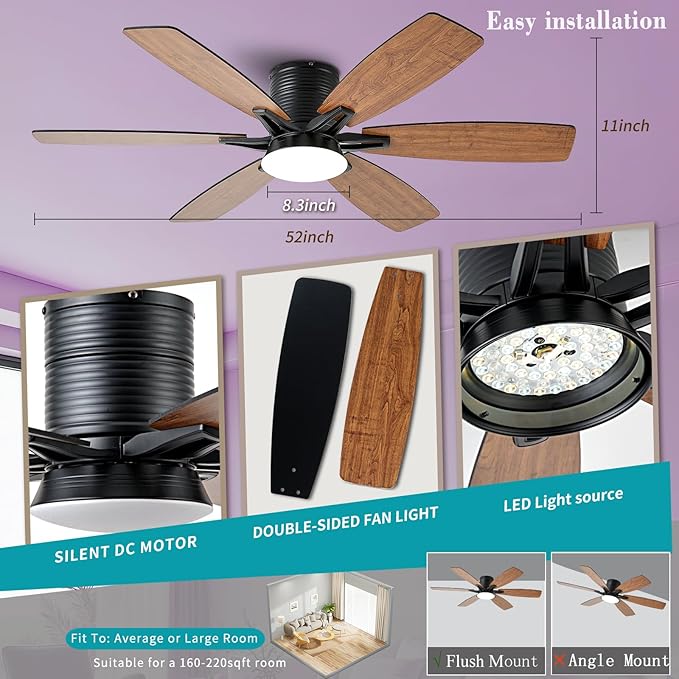 52inch Brown Ceiling Fans with Lights and Remote/App Control, Low Profile Ceiling Fan with Light and 6 Double-Side blades, Flush Mount, LED/RGB Dimmable DC Reversible Modern Ceiling Fan for Bedroom