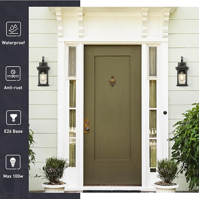 zeyu 2 Pack Outdoor Light Fixtures, Exterior Front Porch Lightings for Garage Doorway, Die-Cast Aluminum with Water Ripple Glass, Black Finish, ZD99B-2PK BK-WP