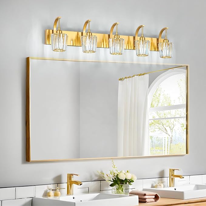 Modern Bathroom Vanity Light, 5-Light Gold Wall Sconce with Crystal Accents, Over Mirror Bathroom Lighting Fixture, 42.52" Long Dimmable Vanity Lamp for Makeup, Easy Installation