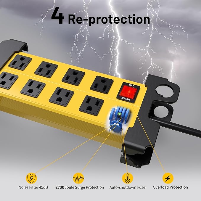 Heavy Duty Power Strip 8 Outlets - Surge Protector 2700J with 6FT Long Extension Cord, Industrial Metal Powerstrip 15Amp, Wall Mount Plug for Garage Workshop Outdoor Home Office, Wide Spaced (6ft)