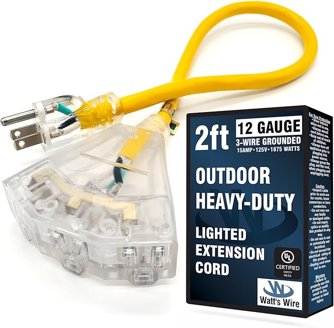 Outdoor Extension Cord Waterproof (2 ft) 12 Gauge Heavy Duty Extension Cord Splitter - Lighted Outdoor Extension Cords with Multiple Outlets - Watts Wire - 2' Grounded - extensiones electricas