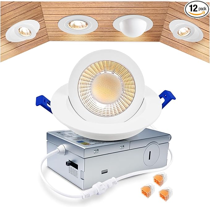 zouzai 3 Inch 5CCT Gimbal Led Recessed Lighting with Junction Box, 2700K/3000K/3500K/4000K/5000K Selectable, 7W Eqv 80W, 360°+90° Adjustable Recessed Lights, 798LM Brightness - ETL (White, 1 Pack)