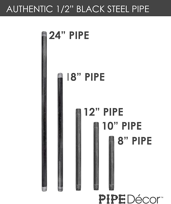 PIPE DÉCOR 1/2” x 24” Malleable Cast Iron Pipe, Pre Cut Connectors, Industrial Steel Grey Fits Standard Half Inch Black Threaded Pipes Nipples and Fittings, Build Vintage DIY Furniture, 6 Pack