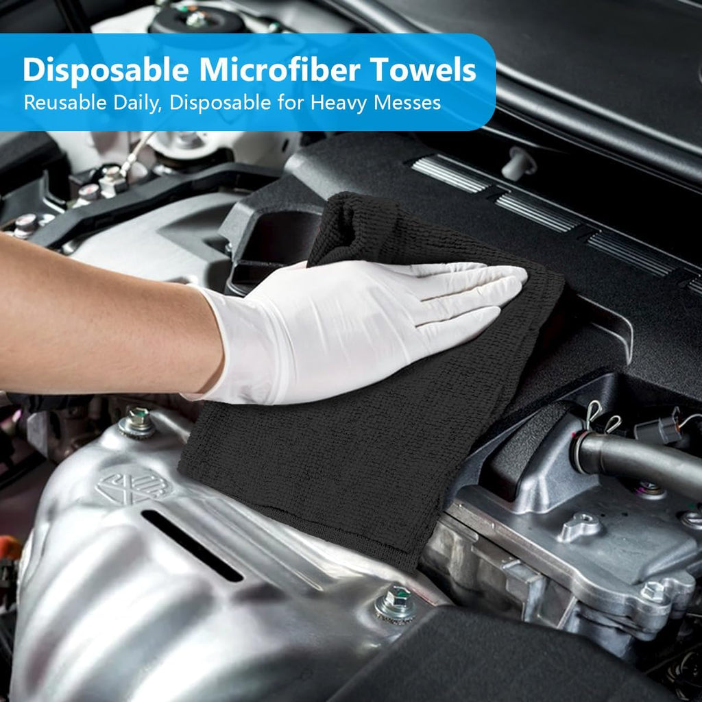 GLIMGLINT Microfiber Cleaning Cloth, 100 Pack Shop Towels, Lint-Free, Ultra Absorbent Reusable or Disposable Microfiber Cloths for Kitchen, Car, Cleaning Rags, 11" x 9", Black