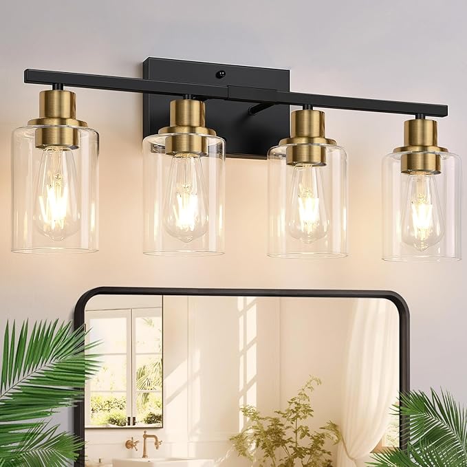 4-Light Bathroom Light Fixtures, Black and Gold Modern Vanity Lights with Clear Glass Shades, Bathroom Wall Lamp for Mirror Living Room Cabinet Bedroom Porch