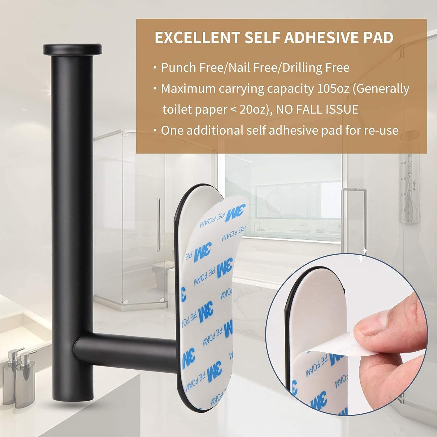 Toilet Paper Holder,Adhesive,Matt Black,Wall Mount,Toilet Paper Roll Holder,no Drilling,Bathroom/Rv/Washroom, SUS 304 Stainless Steel, Rustproof (Black, 1 Piece)