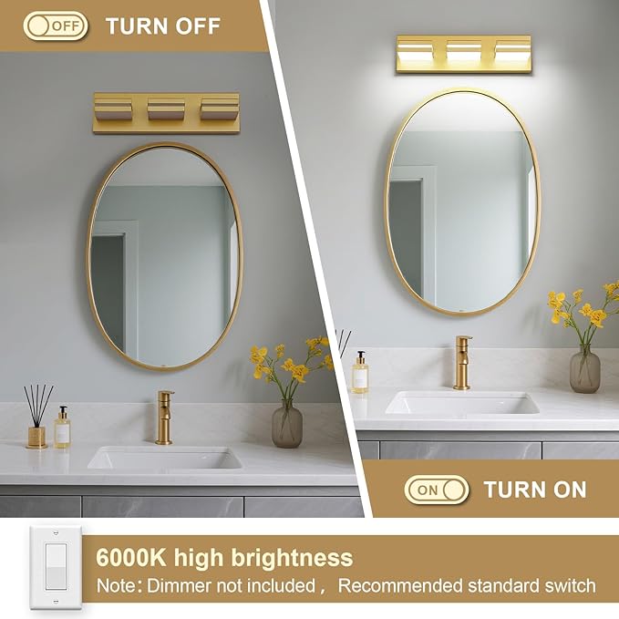 Modern LED Bathroom Lights Fixtures(3-Light),Metal Gold Acrylic Wall Lighting,Vanity Lights for Bathroom Over Mirror 6000k 16In