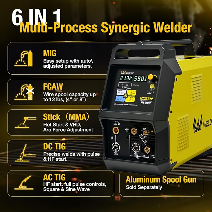 Weldpro MIG Welder 200A with Pulse, Aluminum MIG Welder 110V/220V with MIG/Flux Core/Stick/Spool Gun/AC/DC TIG 6 in 1 MultiProcess Welding Machine with Foot Pedal Omni 210