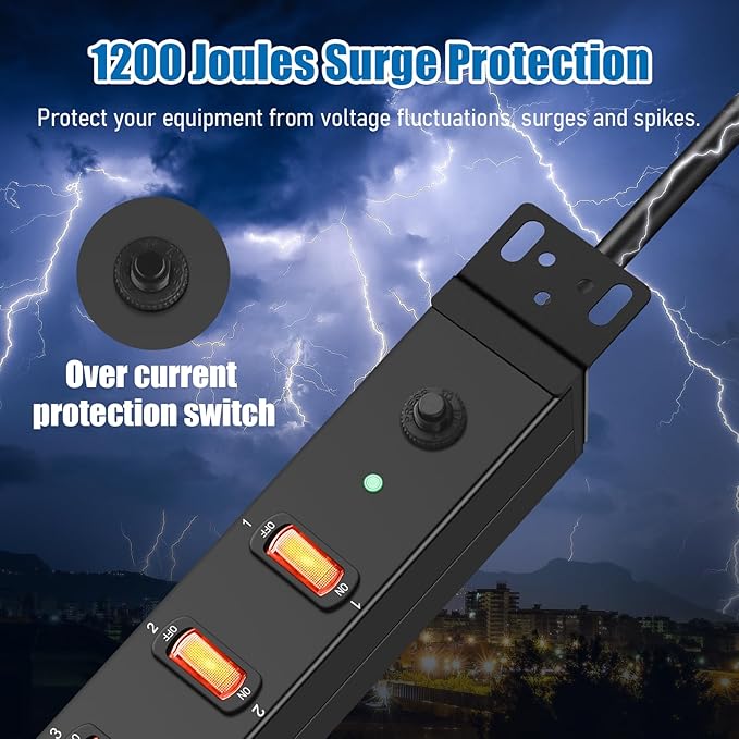 HHSOET 1U Rack Mount Surge Protection, 8 Outlet PDU Power Strip, Metal Mountable Outlet Strip with Switch, 15ft Power Cord.