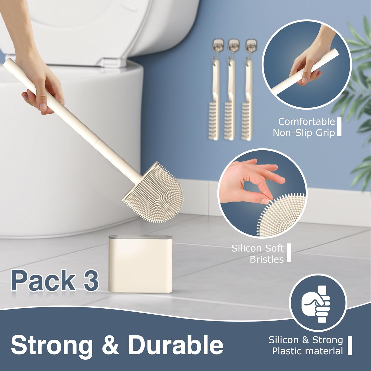 3 Pack Silicone Toilet Brushes & Holders– Includes 3 Crevice Brushes for Bathroom, Long Non-Slip Handle – Durable Bathroom Cleaning Set.