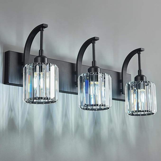 3-Light Crystal Vanity Light, Modern Black Bathroom Wall Sconce with K9 Crystal Shades, 23.62" Long Over Mirror Lighting for Vanity, Makeup, Hallway, Elegant & Durable