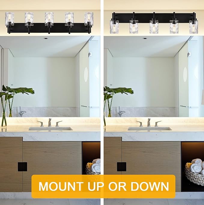 BONLICHT Modern Bathroom Lighting Over Mirror 5-Lights Rustic Bath Vanity Wall Mounted Light Fixtures Black Farmhouse Wall Sconce Lamp with Clear Hammered Glass Shade for Kitchen Living Room Hallway
