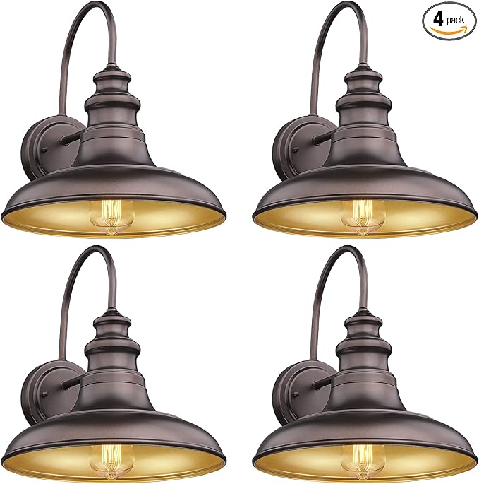 Outdoor Barn Light Fixture Farmhouse Wall Mount Light Gooseneck Wall Sconce Exterior Wall Lighting Fixture Industrial Bronze Finish Lantern for Porch with Gold Interior, 4Pack, RZ004-4PACK ORB