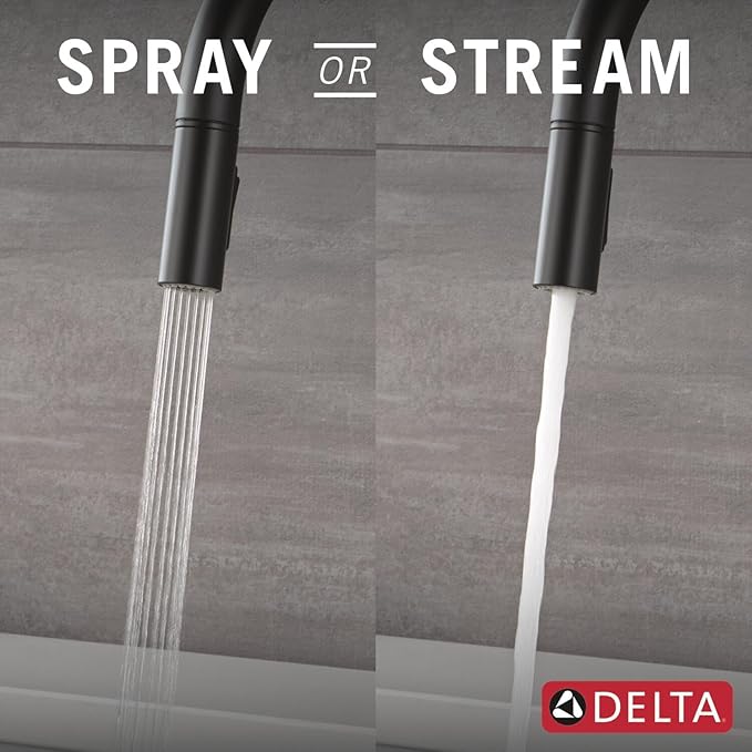 Delta Nicoli Matte Black Kitchen Faucet with Pull Down Sprayer, Bridge 3 Hole Modern Kitchen Sink Faucet, Two-Handle, Matte Black 19867LF-BL