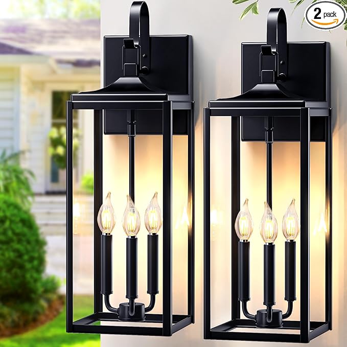 24" Extra Large Outdoor Wall Light 2 Packs, Black Exterior Lighting Fixtures Outdoor Porch Lantern Wall Mounted, Waterproof Modern Outside Wall Sconce, E12 3-Light Coach Lamp for House Patio Garage