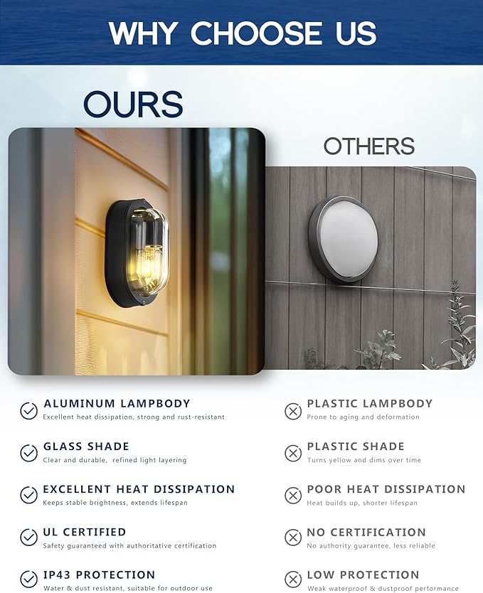 FEMILA 8.5" Oval Bulkhead Light, Outdoor Wall & Ceiling Flush Mount Sconce, Nautical Outdoor Lighting Aluminum with Ripple Glass, Outdoor Wall Sconce for Porch Patio Garage, 4FYX104F BK SW