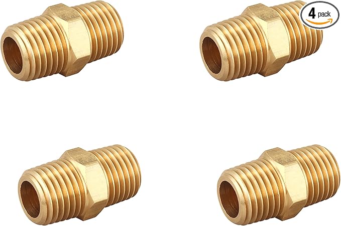 Brass Hex Nipple 1/4 Inch NPT x 1/4 Inch NPT Male Pipe Adapter, Thread 0.5" OD to 0.5" OD, (4 Piece)