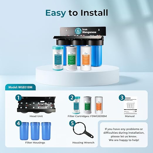 iSpring Whole House Water Filter System, Reduces Iron, Manganese, Chlorine, Sediment, Taste, and Odor, 3-Stage Iron Filter Whole House, Model: WGB31BM, 10” x 4.5” Filters, 1” Inlet/Outlet