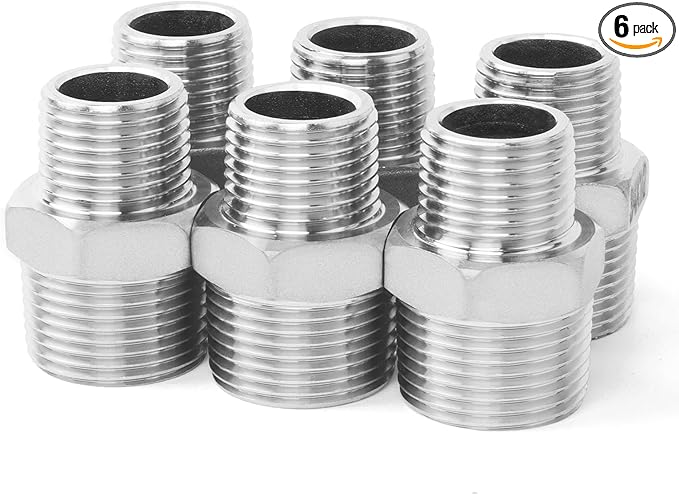 ChillWaves 304 Stainless Steel Pipe Fitting, Reducer Hex Nipple 3/4" NPT Male x 1/2" NPT Male Thread Adapter(6-PACK)
