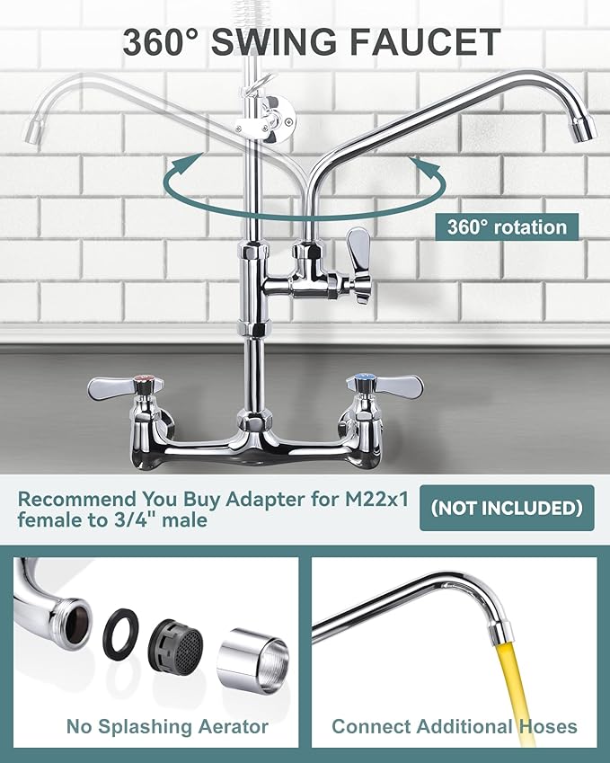 25" Height Commercial Faucet Wall Mount with Sprayer 8" Adjustable Center 9.6" Swing Spout, Kitchen Sink Faucet with Pull Down Pre-Rinse Sprayer for Restaurant Industrial Kitchen, Chrome