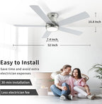52 Inch Brushed Nickel Ceiling Fans with Lights and Remote,LED Low Profile Flush Mount Ceiling Fan for Bedroom, Living Room,Patio,Quiet DC Motor,5 Blades