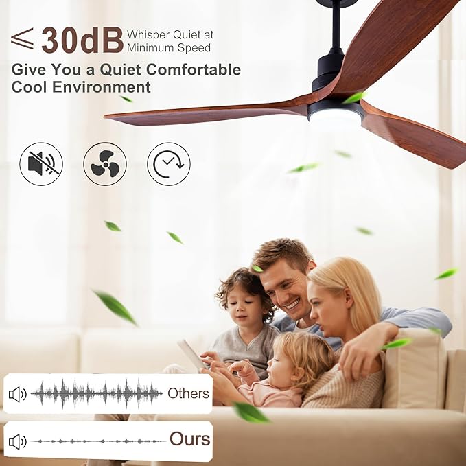 48" Wood Ceiling Fan with Light and Remote Control, Indoor Outdoor Wooden 3 Blades Ceiling Fan for Patio Living Room, Bedroom, Office,Reversible DC Motor(Black+Dark Walnut)