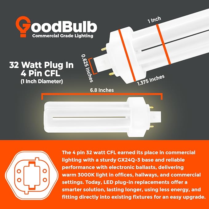 GoodBulb 32 Watt CFL Light Bulbs 4 Pin GX24Q-3 Base 3000K Warm White 32W High Output 2400 Lumens Triple Tube Compact Fluorescent Light Bulbs Plug-in 10 Pack