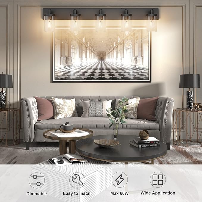 Aipsun Matte Black Bathroom Vanity Light Fixtures 5 Lights Industrial Lighting Fixtures Over Mirror with Clear Glass Shade(Exclude Bulb)