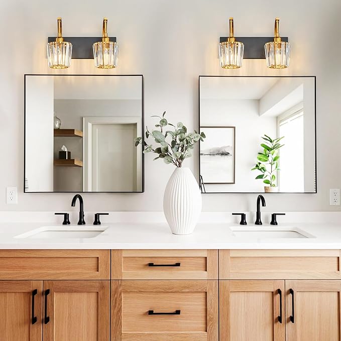 Modern Bathroom Vanity Light, 2-Light Black Gold Wall Sconce with Crystal Accents, Over Mirror Bathroom Lighting Fixture, 13.77" Long Dimmable Vanity Lamp for Makeup, Easy Installation