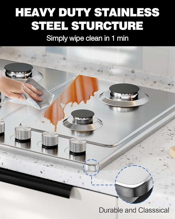 24 Inch Gas Cooktop, Propane Stove Top with 4 ITALY SABAF Sealed Burners 27,400 BTU, NG/LPG Convertible Built-in Stainless Steel Stovetop with Thermocouple Protection for Rvs Kitchen Outdoor