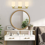 Brushed Gold Bathroom Light Fixtures, 3-Light Gold Vanity Lights with Frosted Glass Shades, Mid-Century Modern Wall Sconces for Living Room