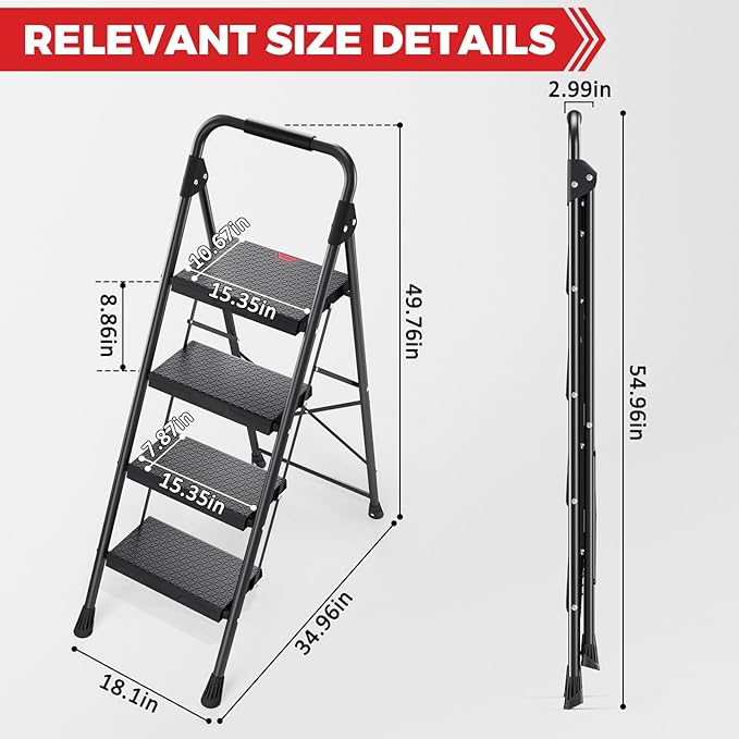 KINGRACK 4 Step Ladder,Folding Step Stool with Handrail, Anti-Slip Wide Pedals, Safe-Lock Design, Pass 800lbs Load Testing, Foldablel Step Stool for Home, Kitchen, Black